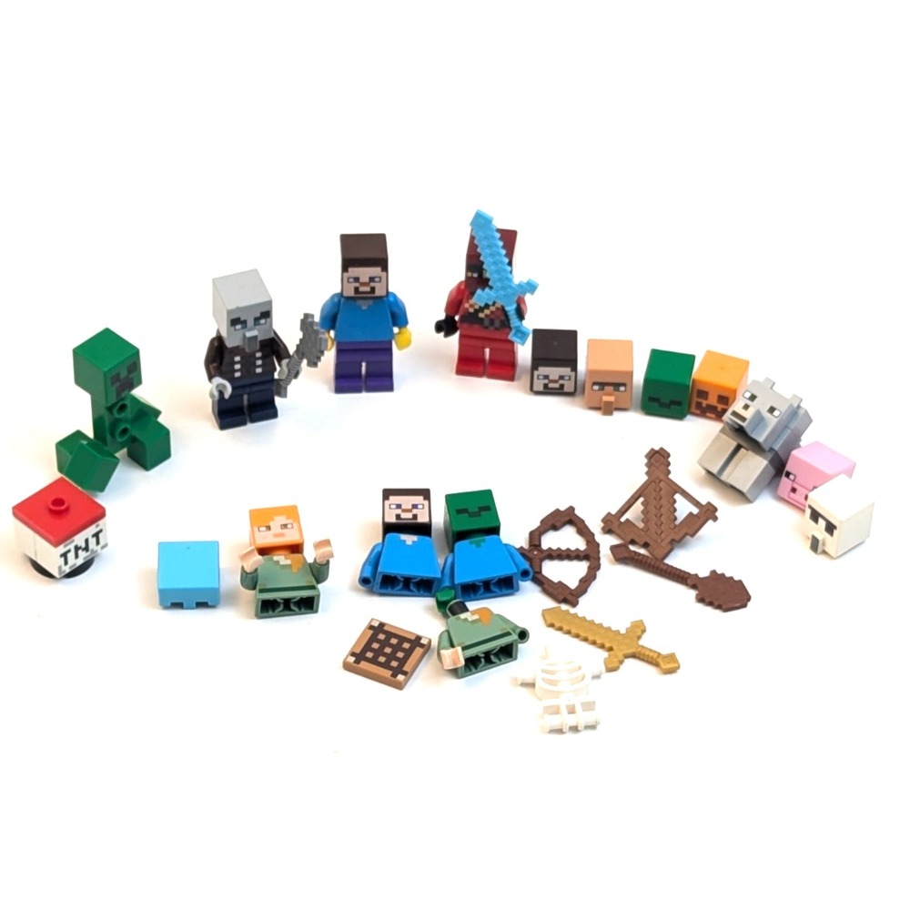 LEGO Minecraft Minifigure Lot Steve Creeper‎ Villager Wolf Skeleton Weapons